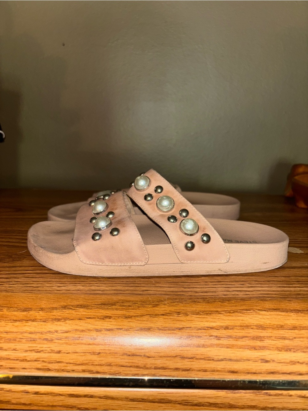 Steve Madden Blush Pearl-Stud Slide Sandals